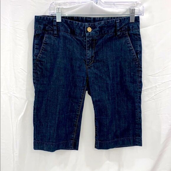 Tory Burch Dark Blue Trouser Shorts Gold Tone Signature Button Zipper Closure - Picture 1 of 14